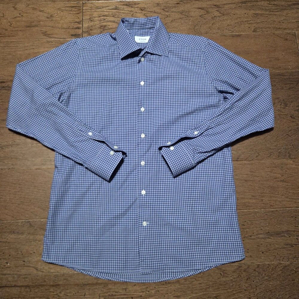 Eton Shirts Men 41 16 Contemporary Fit Blue Plaid Spread Collar Dress Shirt